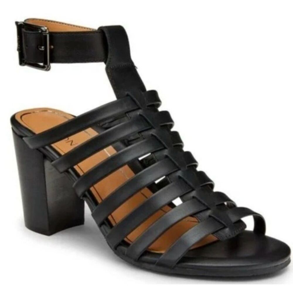 Vionic Sami Black Leather Strappy Caged Block Heels Women's Size 8 Quiet Luxury